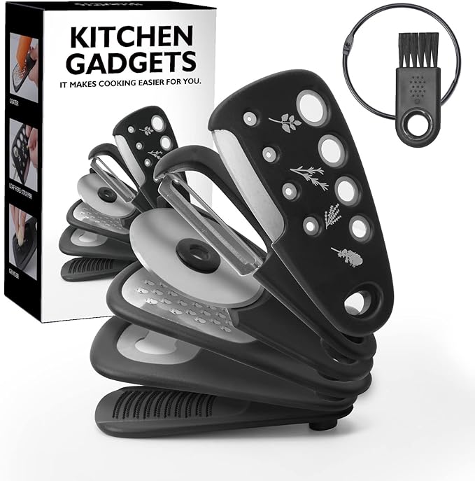 Kitchen Gadgets Set 6 Pieces, Space Saving Cooking Tools Kitchen Accessories-Garlic Grinder, Cheese Grater, Vegetable Peeler, Pizza Cutter, Herb Stripper, Bottle Opener, Gadgets Gift Set (Black)