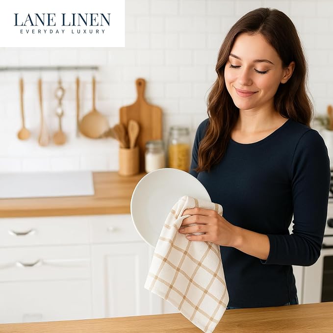 LANE LINEN Kitchen Towels & Dishcloths Set of 12-100% Cotton, Quick-Drying 18” x 28” Absorbent Dish & Tea Towels, Soft Hand Towels for Kitchen - Beige