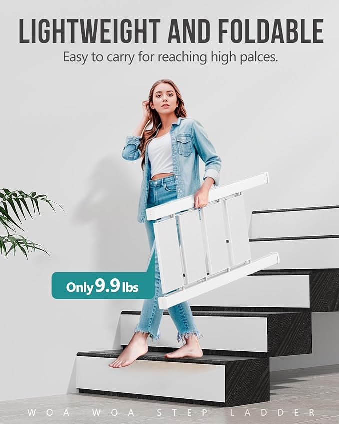 WOA WOA 4 Step Ladder, Foldable Step Stool, Aluminum Lightweight Ladder for Home Kitchen Closet, Anti-Slip Pedals, Ease of Folding, Portable, 300lbs Capacity - White