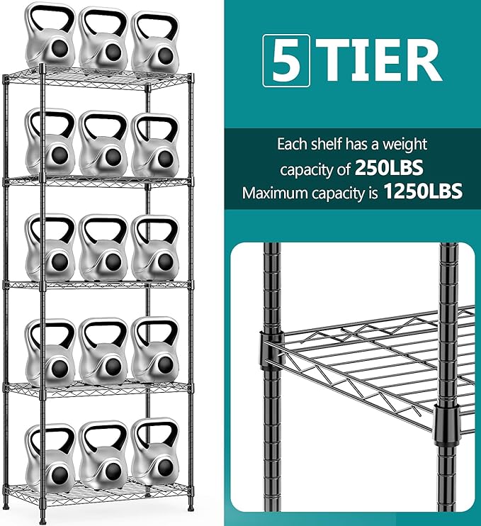 IZEUK 5-Tier Black Metal Storage Shelves, Adjustable Wire Shelving Unit for Kitchen, Bathroom, Pantry, Office, Garage, Organizer Wire Rack, 1250 lbs, 13.7" D x 23.6" W x 63" H