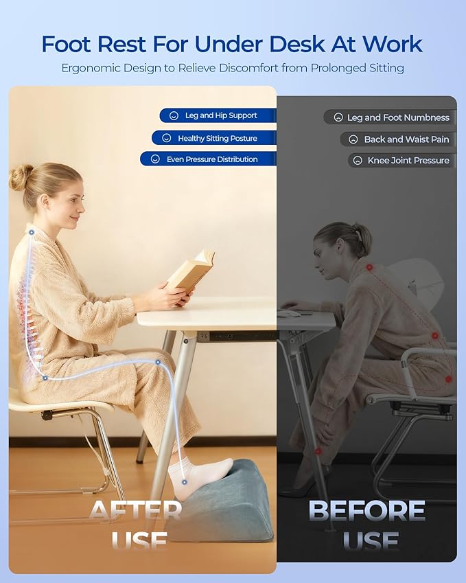 Kayfia 6 Adjustable Heights Foot Rest for Under Desk at Work, Ergonomic High-Density Bamboo Charcoal Foam Footrest, with Washable Cover, Multifunctional Leg Rest Back Pillow for Office Home
