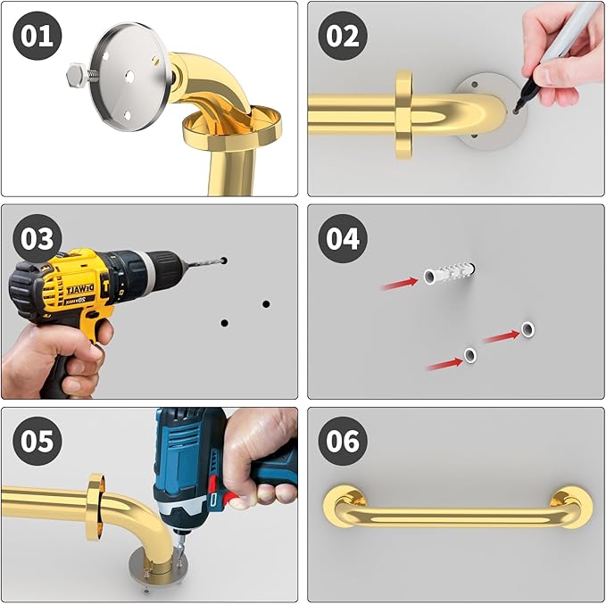 12 Inch Stainless Steel Shower Grab Bar, ZUEXT Gold Shower Handle, Bathroom Balance Bar, Safety Hand Rail Support Bar for Handicap Elderly Injury, Senior Assist Bath Tub Wall Concealed Mount Handle