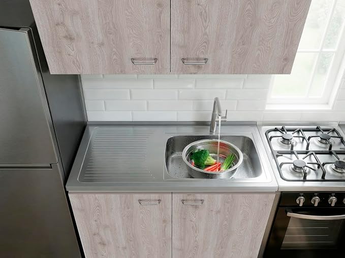 Tuhome Napoles Utility Sink Base Cabinet with Integrated Stainless Steel Countertop, Freestanding Cabinet with Double Doors, Interior Shelf for Laundry Room, Utility Room, Mudroom or Kitchen