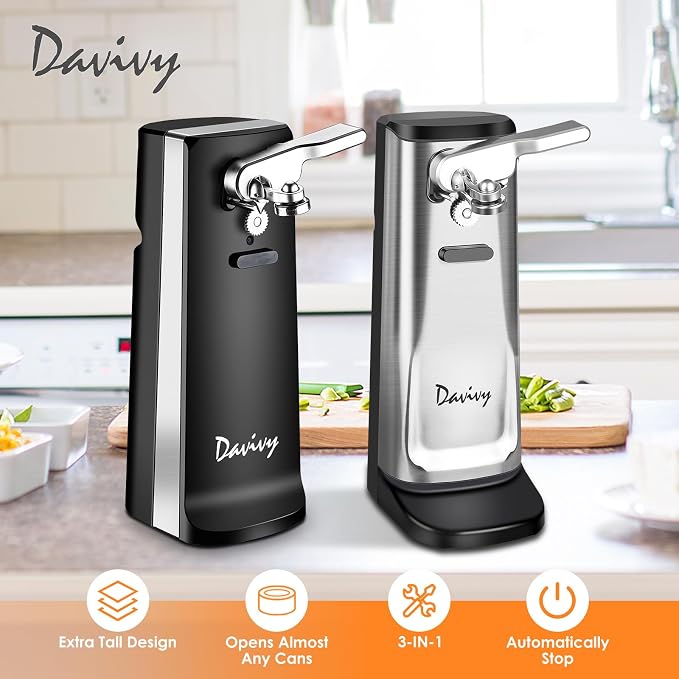 Davivy Electric Can Opener, One Touch Lid Opener, Removable Stainless Steel Cutter and 3-in-1 Design, with Sharpener and Bottle Opener (Black)