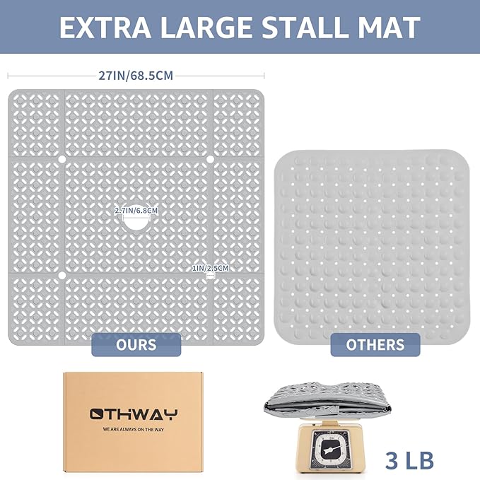 OTHWAY Square Shower Mat, 27"x 27" Extra Large Shower Mats for Inside Shower, TPE Anti Slip Shower mat with Suction Cups Drain Holes, Machine Washable Shower Floor Mat (Light Grey)