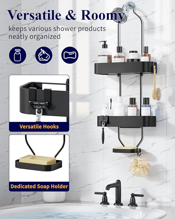 Kitsure Shower Caddy Hanging - No-Drill Bathroom Organizers and Storage, Wobble-Free Bathroom Shelves with Adhesive Tapes, Rust-Proof Shower Storage for Toiletries, Black, 28.5" H