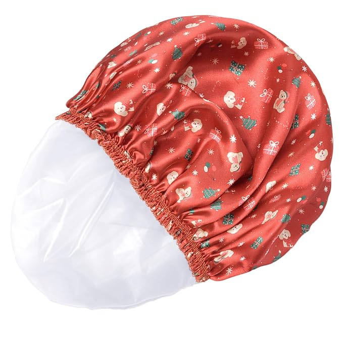 4 PCS Shower Cap for Women, Elastic and Reusable Bath Caps, Double Layers Shower Caps Reusable Waterproof, Bathing Shower Caps, Environmental Bath Hair Protection Cap - Chrismas Pattern