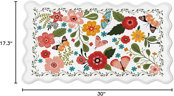 Arenarug Scalloped Kitchen Mats for Floor Cushioned Anti Fatigue Kitchen Mats Rugs Waterproof Non Slip Farmhouse Boho Floral Comfort Foam Standing Mat for Sink Laundry, White, 17.3x30
