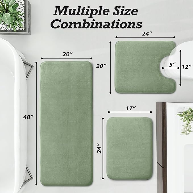 HUXMEYSON Bathroom Rugs Sets 3 Piece, Non-Slip & Quick Dry Bath Mat Set, Ultra Soft Velvet Bath Rugs for Bathroom, Toilet and Shower Floor, Grey Green