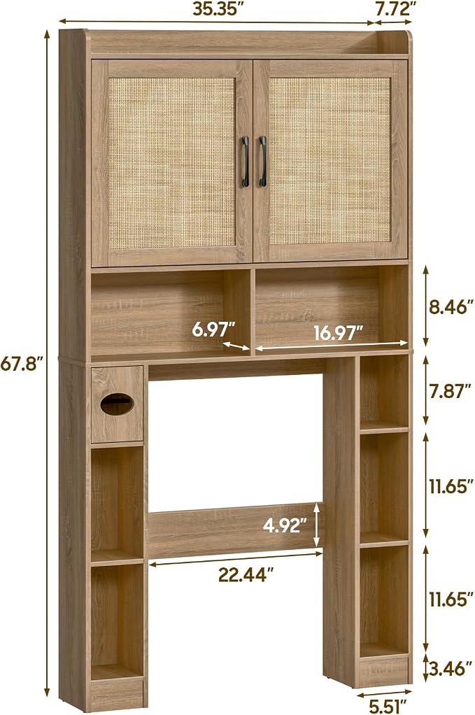 Over The Toilet Storage Cabinet, Farmhouse Toilet Cabinet Rack with Barn Doors, Space Saving Bathroom Organizer with Shelves,Toilet Paper Holder and Towel Rack for Bathroom,Restroom,Laundry,Rattan Oak