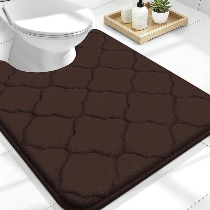 OLANLY Memory Foam Toilet Rugs U-Shaped 24x20, Ultra Soft and Absorbent Bathroom Rugs, Non-Slip, Comfortable, Machine Washable Contour Bath Mat for Toilet Base, Home Decor Accessories, Brown
