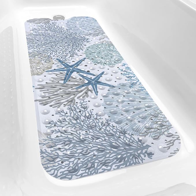 Bathtub Mat Non Slip, 40x16 inch Bath and Shower Safety Mats, Blue Nautical Coastal Starfish Tub Mat for Bathroom, Tub Shower Mat with Drain Holes and Suction Cups