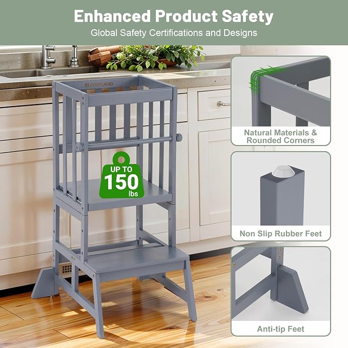 COSYLAND Toddler Standing Tower - Adjustable Height Toddler Kitchen Stool Helper - Kids Kitchen Step Stool for Learning with Removable Safety Railing Ash Gray