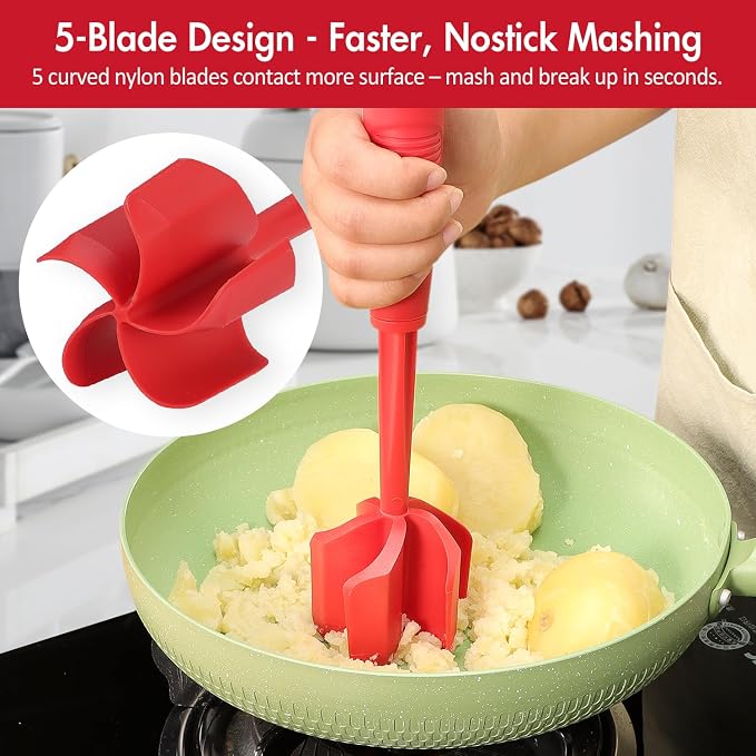 Ourokhome Meat Chopper and Potato Masher, Heat Resistant Nylon Ground Beef Smasher for Hamburger, 5 Curved Blades Nonstick Safe Mixer & Stirrer, Practical Kitchen Gadgets, Red