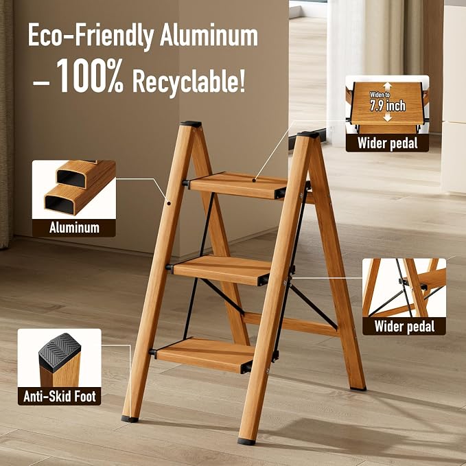 Mayi Plus 3 Step Ladder,Aluminum Folding Step Stool for Adults,Step Ladder with Wide Anti-Slip Pedal,330 lbs Capacity for Home,Office,Kitchen,Library(Woodgrain)