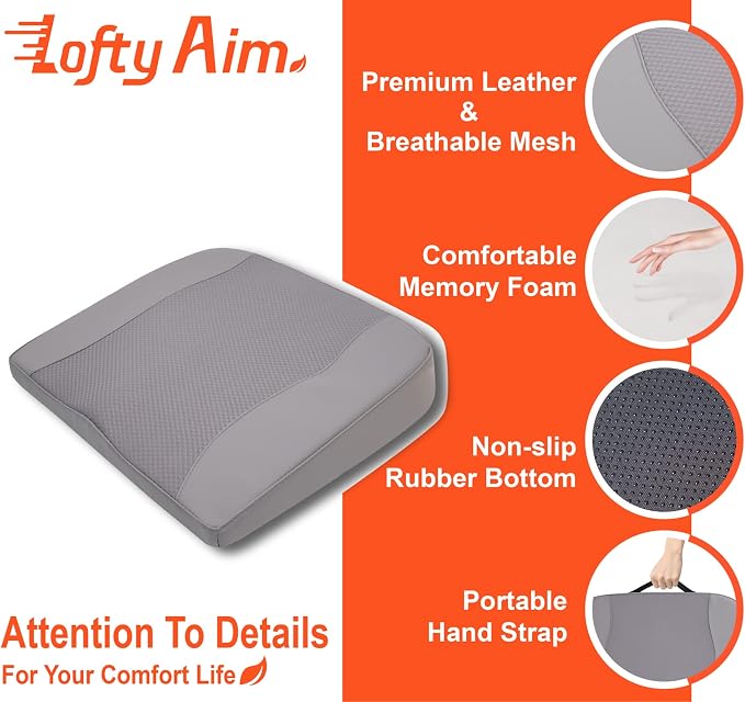 Lofty Aim Car Seat Cushion, Comfort Memory Foam Car Cushions for Driving - Sciatica & Lower Back Pain Relief, Driver Seat Pillow for Auto, Office Chair, Wheelchair - Gray