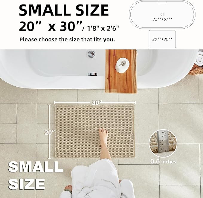 TYUU Pale Beige Bathroom Rug, Waffle Bath Mat Non Slip Washable Super Absorbent Quick Dry Boho Farmhouse Bathroom Decor, 30''x20'' / 1'8" x 2'6" Pale Beige