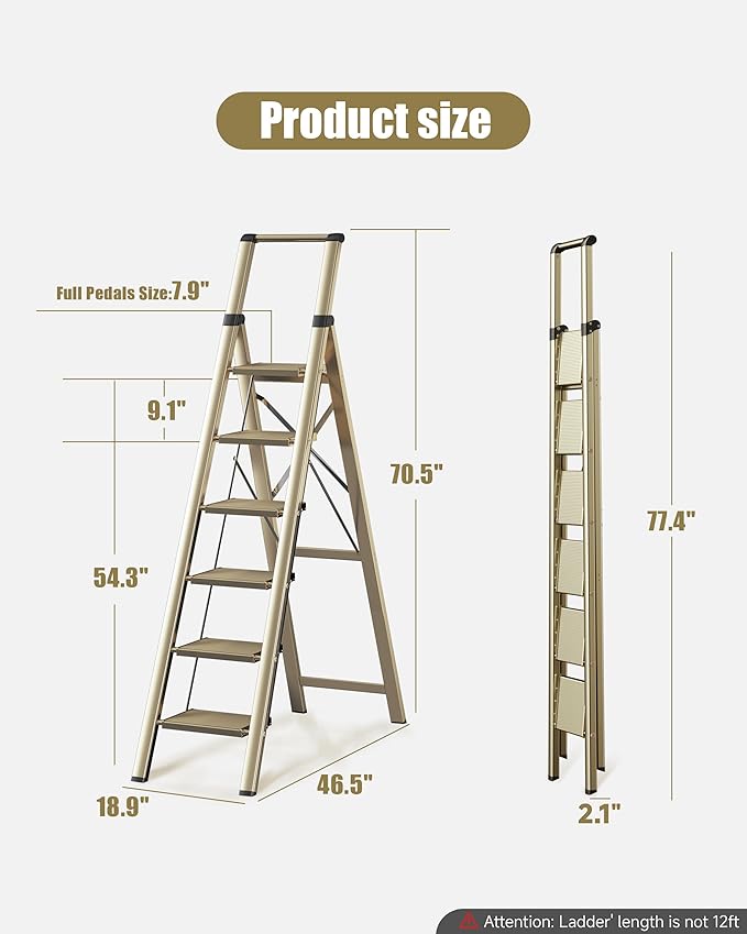 SOLADDER 6 Step Ladder, Folding Step Stool with Handgrip and Anti-Slip Wide Pedal, Portable Lightweight Aluminum Stepladder for Kitchen, Home, Library, Office (300 lbs Capacity) - Gold