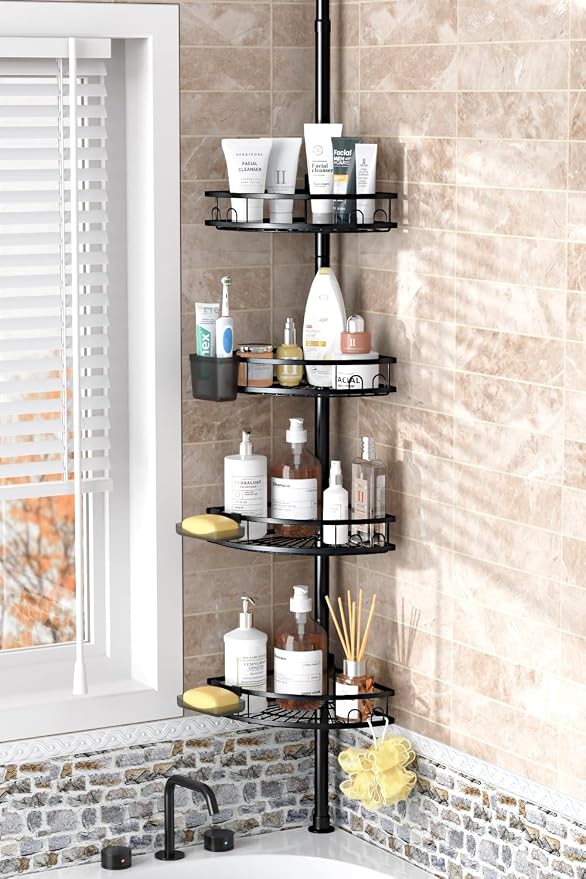 Tension Pole Shower Caddy Corner: Adjustable 4-Tier Bathroom Organizer Shelves - Rustproof Bathtub Shampoo Rack, No-Drill Standing Shower Caddy for Renters, Apartment & Family Bathroom 31-124 inch