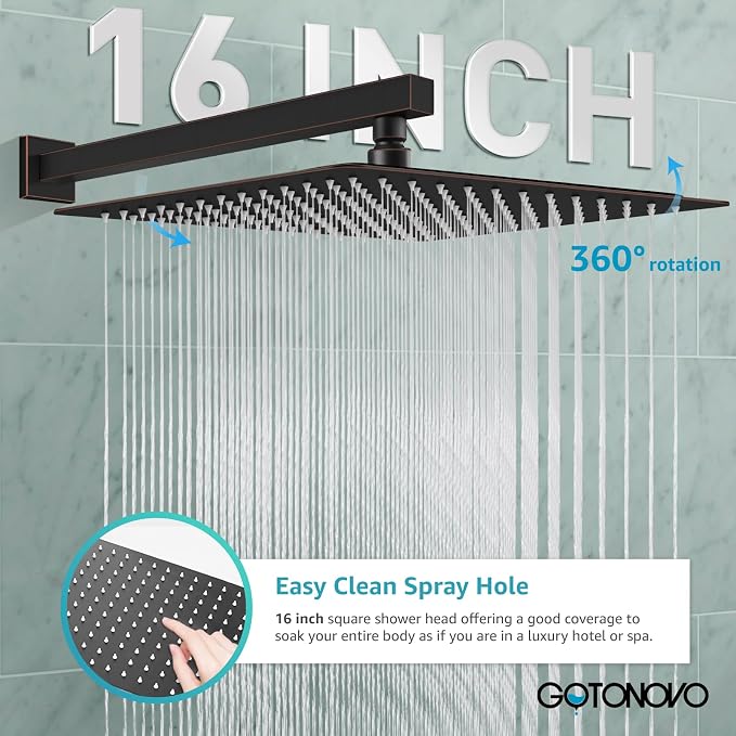gotonovo Rainfall Bathroom Shower System Rain Shower Head and Handle Set Wall Mounted Shower Complete Combo Solid Brass Pressure Balancing Shower Mixer Valve 16 Inch Oil Rubbed Bronze