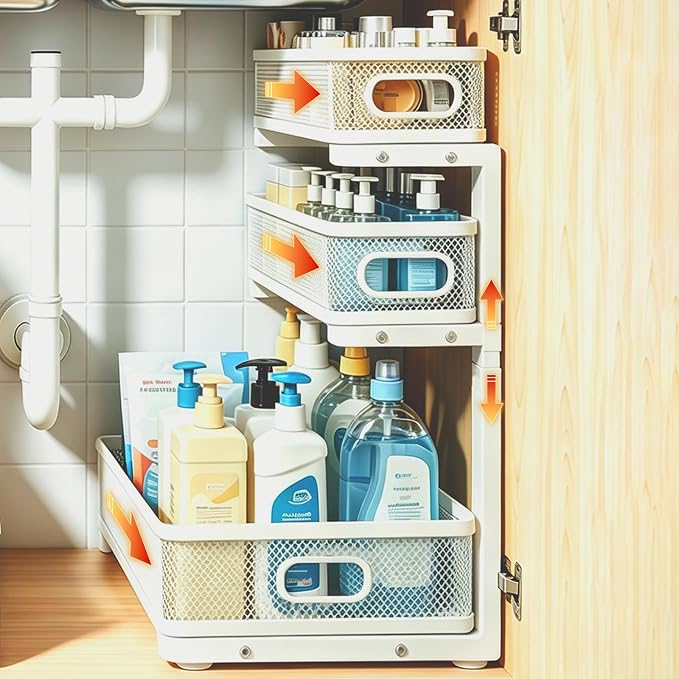 1 Pack 3 Tier Under Sink Organizer, Height Adjustable Heavy Duty Metal Under Cabinet Drawer Pull Out Shelf with Smooth Silent Sliding Design, Organizer and Storag Rack for Kitchen, Bathroom, White