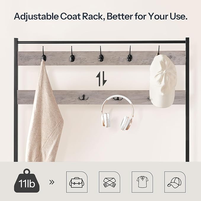 HOOBRO Hall Tree, Coat Rack with Shoe Rack, 39.4" Hall Tree with Bench, 5 Tier Shoe Storage Organizer with 9 Hooks for Entryway, Closet, Sturdy, Industrial, Greige and Black BG801MT01