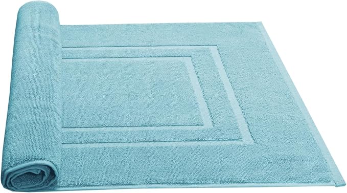 Feather & Stitch 2 Piece Towel Like Bath Mats (30x21 Inch) 100% Cotton Terry Bath Mats, Bathroom Shower Floor Mats [NOT A Bathroom Rug], Soft Absorbent Washable Mats - Aqua
