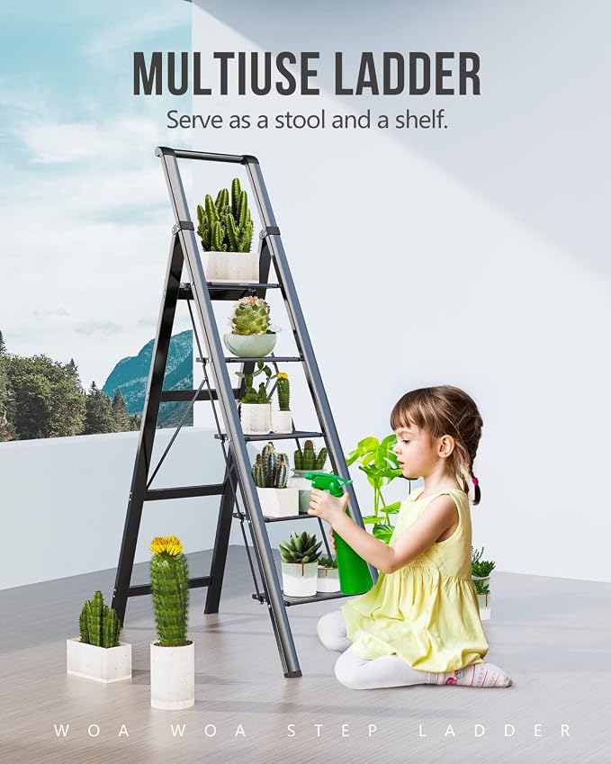 WOA WOA 5 Step Ladder, Ladders for Home, Anti-Slip Pedals, Step Stool Foldable, Lightweight to Move, Ease of Storage, Reach 10ft for Closet Kitchen Library, Hold 300lbs - Black