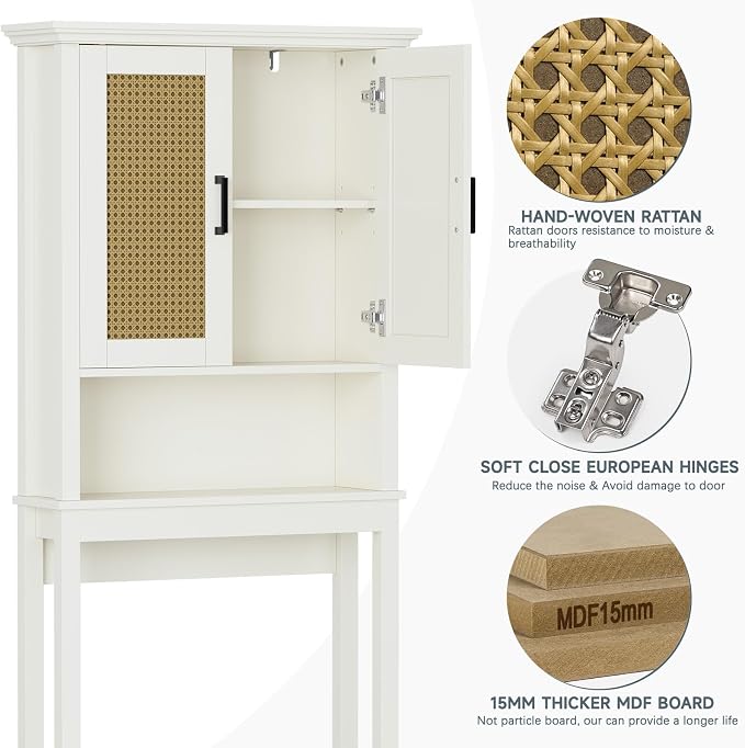 Over The Toilet Storage Cabinet, Over Toilet Storage Cabinet with Rattan Door and Anti-Tip, Above the Toilet Storage for Bathroom Behind the Toilet Bathroom Organizer, Rattan