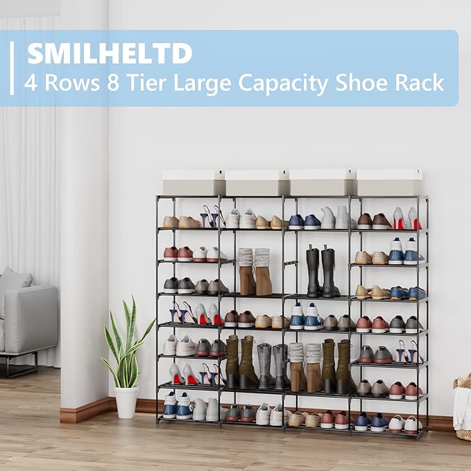 SMILHELTD Large Shoe Rack 4 Row 8 Tier for Entryway Holds 64 Pairs, Metal & Plastic Sneaker Shelves, DIY Assembly, Space Saving Storage Organizer for Garage Closet, 66.1" W x 49.2" H