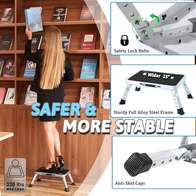 Double Elite 3 Levels Adjustable Folding One Step Stool, Safer Metal Step Stools for Adults/Seniors, Heavy Duty Small Foldable Kitchen Stepping Stool for Bathroom Toddlers, Foot Stool Desk Office Work