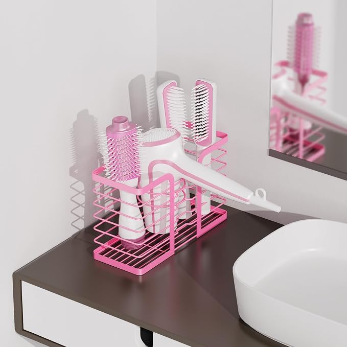 YIGII Pink Hair Dryer Holder, 3 Sections Organizer for Hair Tools, Wall Mounted/Cabinet Door Straightener Holder, Adjustable Height Metal Dryer Curling Iron Organizer