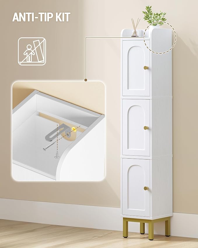 Hzuaneri Slim Bathroom Storage Cabinet, Narrow Bathroom Organizers and Storage with 4 Adjustable Feet, Laundry Room Organization for Small Space, Kitchen, Living Room, 3 Doors White BC22313G