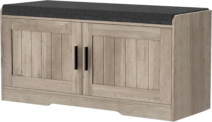 Homleke 2-Tier Storage Bench, Shoe Bench with Thickened Padded Seat Cushion, Entryway Bench with 2 Doors, Adjustable Shelf, 13.8" D x 37.4" W x 18.5" H, for Entryway, Living Room, Bedroom, Greige