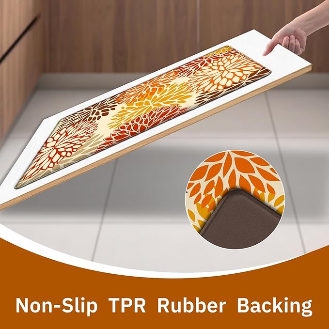 Orange Fall Kitchen Mats for Floor, Cushioned Anti Fatigue Memory Foam Kitchen Rugs Set of 2, Non Slip Waterproof Kitchen Runner Floor Mat, Comfort Standing Mat for Sink, Laundry, Autumn Home Decor