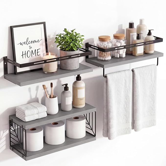 Fixwal Wall Mounted Bathroom Shelves Over Toilet, Rustic Wood Floating Shelves with Metal Frame and Towel Bar for Bathroom, Kitchen, Bedroom, Living Room (3 Plus 1 Gray)