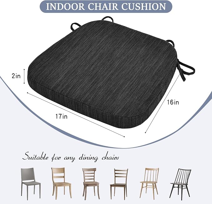 baibu Kitchen Chair Cushions Set of 4, Dual-Layer Patented Design Memory Foam Dining Chair Pads with Ties and Washable Cover, 4 Pack, 17" x 16" x 2", Black