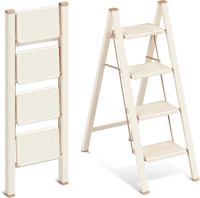 4 Step Ladder, 4 Step Stool for Adults, Folding Step Ladder with Secure Footing, Widened Pedal, Aesthetically Pleasing Looking, Blends Right into Domestic Rooms, Cream Chocolate