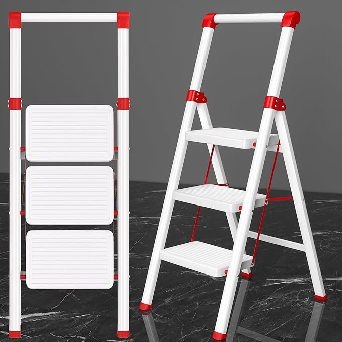 Foldable Step Ladder Stool for Home,3 Step Stool with Wide Anti-Slip Pedal, Heavy Duty 600Lbs Ladder for Indoor Kitchen Closet Stair Use, White Red