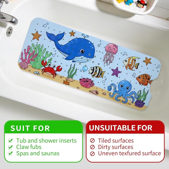 Bath Tub Shower Mat Non Slip Kids Bathtub Mat Anti Slip Baby Bath Mat for Tub 40 x 16 Inch Extra Long Toddler Bath Mat with Suction Cups and Drain Holes for Bathroom Floor,Machine Washable,Undersea