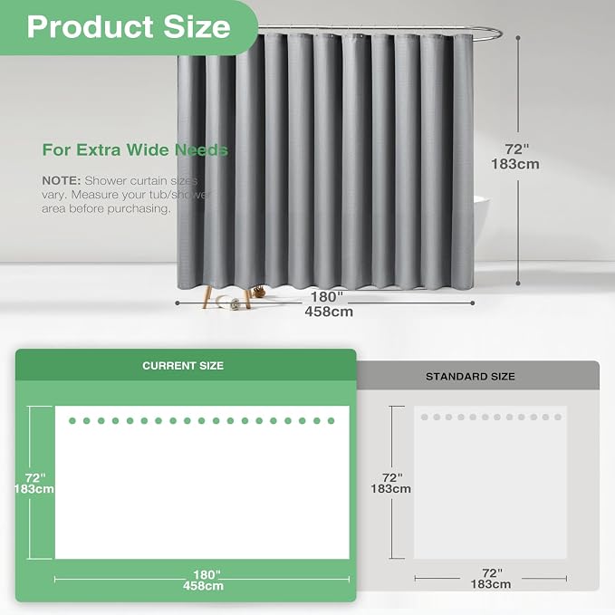 Dynamene Extra Wide Shower Curtain - 180 Inch Wide Waffle Weave Weighted Thick Cloth Bathroom Shower Curtain, Neutral Heavy Duty Hotel Shower Curtain Set with 32 Plastic Hooks,180x72, Grey/Gray