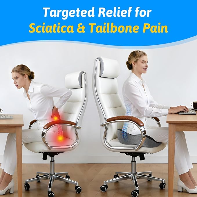 Seat Cushion for Tailbone & Sciatica Pain Relief – Certified & Ergonomist-Designed – Tapered Front Edge Reduces Thigh Pressure – Wide Memory Foam for Office Chair, Car, Wheelchair