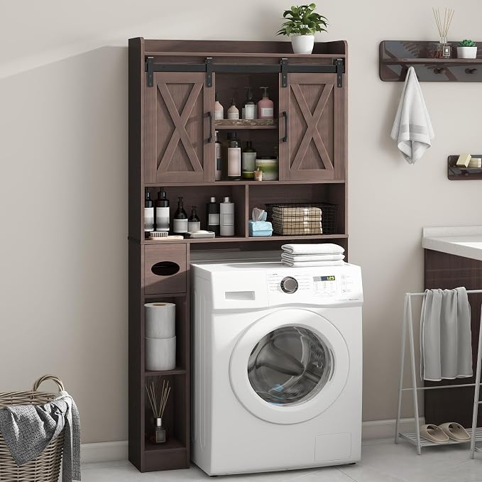 Vabches Over The Toilet Storage Cabinet, Farmhouse Storage Cabinet Over Toilet with Sliding Doors & Toilet Paper Holder Stand，Home Space-Saving Toilet Rack, for Bathroom, Laundry and Restroom