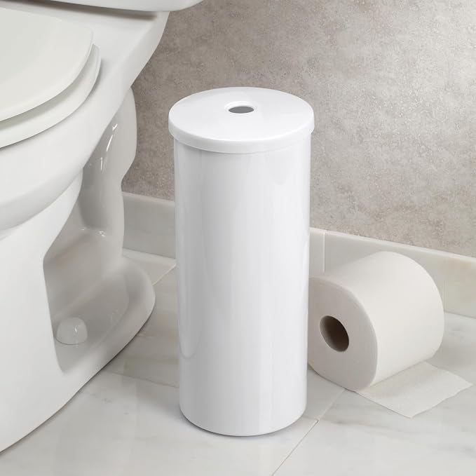 iDesign Freestanding Toilet Paper Canister with Lid for 3 Extra Rolls, White, Made in USA