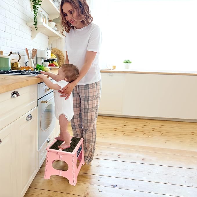 Flottian 11" Folding Step Stool for Adults and Kids Holds Up to 300 lbs,Non-Slip Folding Stools with Portable Handle, Compact Plastic Foldable Step Stool for Bathroom,Bedroom, Kitchen Sakura Pink