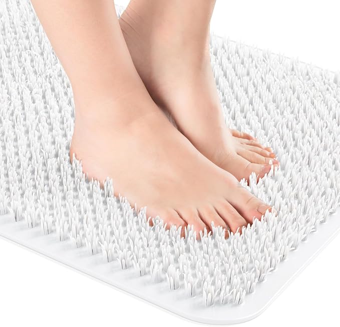 OTHWAY Non Slip Grassy Bathtub Mat : 25.6X13.4 Inches Sturdy But Soft Bath Mat_Quick Drain Shower Floor Mat with Soft Bristles for Scrubbing Feet (White)