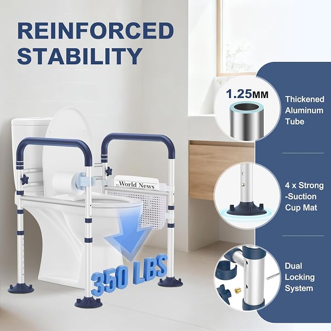 Toilet Safety Rails for Seniors, Adjustable Height & Width Toilet Rails, 350 lb Toilet Handles for Elderly and Disabled, Foldable Toilet Safety Frame, Toilet Bars Fit Any Toilets