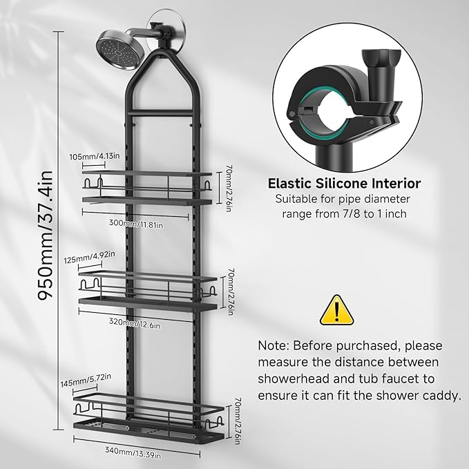 3 Tier Hanging Shower Head Caddy, Adjustable Hanging Shower Caddy Over Showerhead, No Drilling Handing Racks Rustproof for Bathroom Shampoo Soap Storage