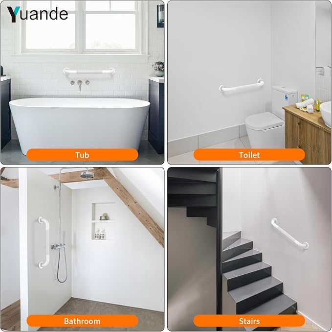 20 Inch White Shower Grab Bar with Anti-Slip Knurled Grip,YuanDe Stainless Steel Bathroom Grab Bars，Shower Handrail Support, Handicap Elderly Balance Assist Handles