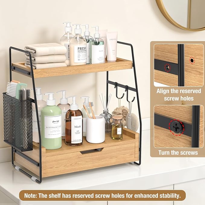 2-Tier Bathroom Counter Organizer with Drawer and Removable Basket, Wood Vanity Countertop Storage for Perfume, Makeup, Skincare, Bathroom Counter Shelf, 13" x 7.9" x 14.5", Light Brown